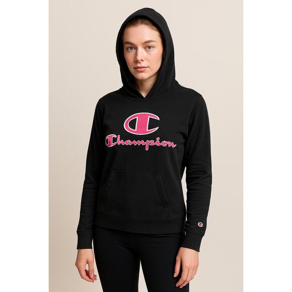 Y2K Streetwear Black Champion Hoodie Pink Logo Pullover Size M - Picture 1 of 9